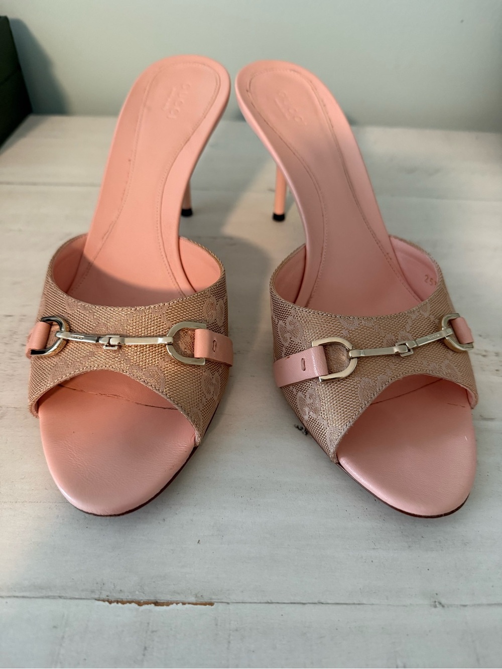 Gucci Pink and Beige Open-Toe Horsebit Mule Heels